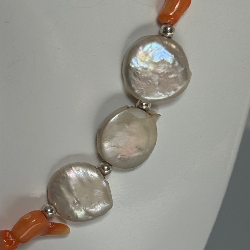 Vintage Coral  freshwater Pearls 925 sterling Silver Necklace​ - Picture 6 of 10